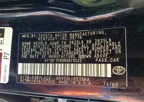 2017 Toyota Camry Xle z USA, uszkodzony, nr VIN 4T1BF1FK0HU670525